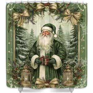 JAWO Vintage Christmas Shower Curtain, Cute Retro Victorian Santa Claus Merry Christmas Shower Curtain Set for Bathroom, Green Christmas Tree Fabric Bathroom Accessories Set with Hooks (69"W x 84"L (Pack of 1))