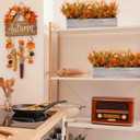 Lyrow 2 Pack Artificial Eucalyptus Plant in Rectangular Rustic Wooden Planter Box Faux Potted Herb Plant Table Centerpiece for Kitchen Windowsill Shelf Decor (Fall,16.1 x 3.7 x 8.7 '')