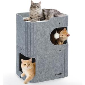 Made4Pets Cat House for Indoor Use, 2-Storey Cube Bed Cave, Covered Hideaway Condo with Scratch-Resistant Felt, Foldable Easy-to-Clean Design for Multi-Cat Homes, Grey (17.3L x 13.8W x 23.6H)