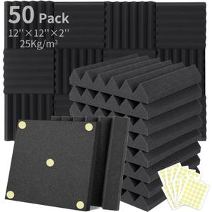 Focusound 50 Packs Acoustic Foam Panels Wedge 2" X 12" X 12", Soundproofing Foam Noise Cancelling Foam with 300 PCS Double-Side adhesive