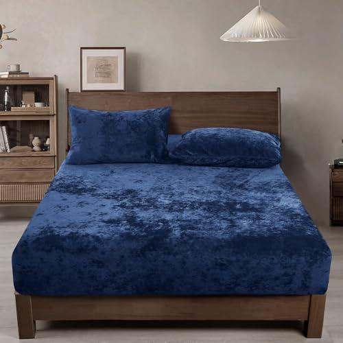 PHF Truly Velvet Fitted Sheet Only Queen Size, Luxury Super Soft Cozy Fuzzy Fleece Bottom Sheet, Deep Pocket Up to 16",Strenghth Elastic Band,Suitable for Fall Winter Spring, No Pillowcases, Navy Blue