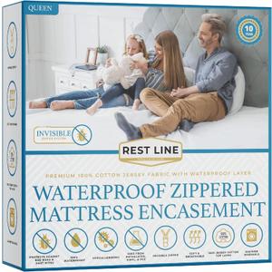 Queen Size 60x80 Premium Waterproof Zippered Mattress Encasement, 100% Cotton, Hypoallergenic, Six Sided Mattress Cover, Invisible Zippered, Soft Breathable up to 15" Deep - Rest Line