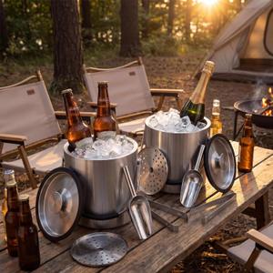 10 PCS 2 Set 3L Portable Ice Buckets for Parties Stainless Steel Double-Wall Insulated Ice Bucket with Lid, Scoop, Tongs Ideal for Cocktail Bar, Outdoor Events & Keeps Drink Frozen Longer