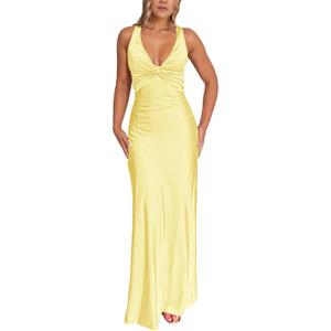 Women's Summer Elegant Sexy Satin Dress High Slit Cocktail Party Wedding Bridesmaid Maxi Dresses (Large, Yellow)