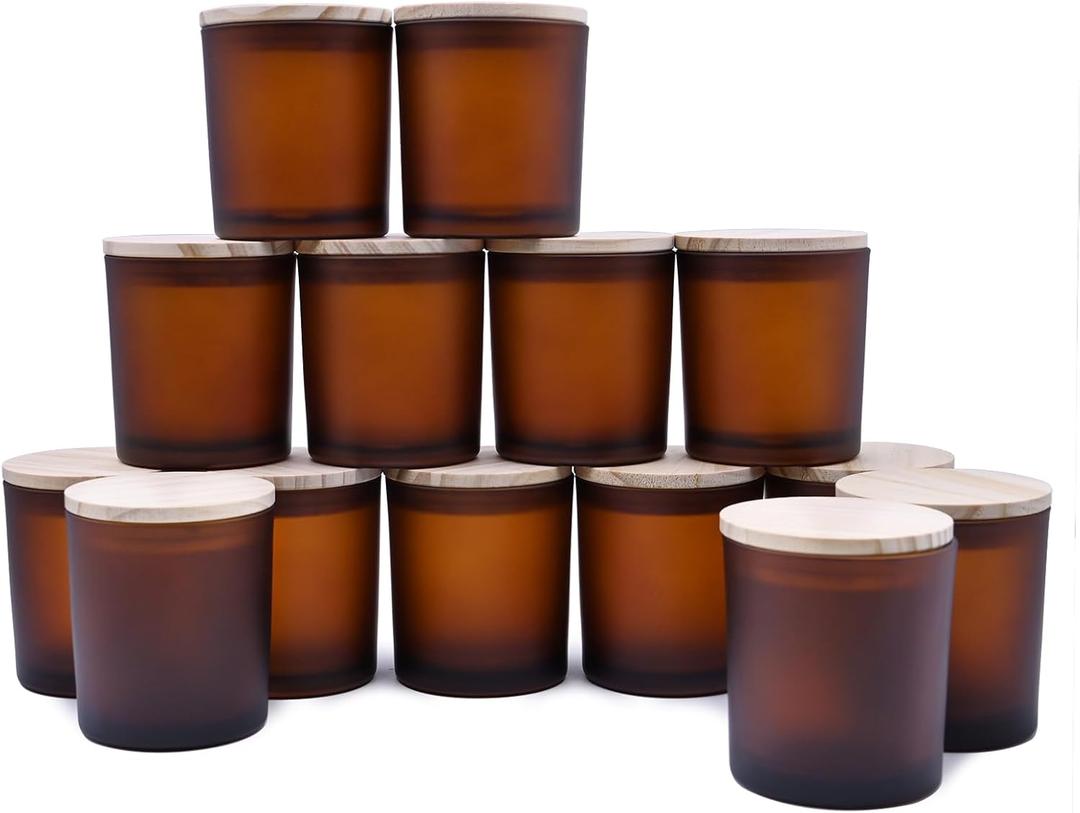 8 OZ Thick Candle Jars for Making Candles 14 Pcs, Empty Amber Jars with Wood Lids for Candle Making, Sample Container, Frosted Brown