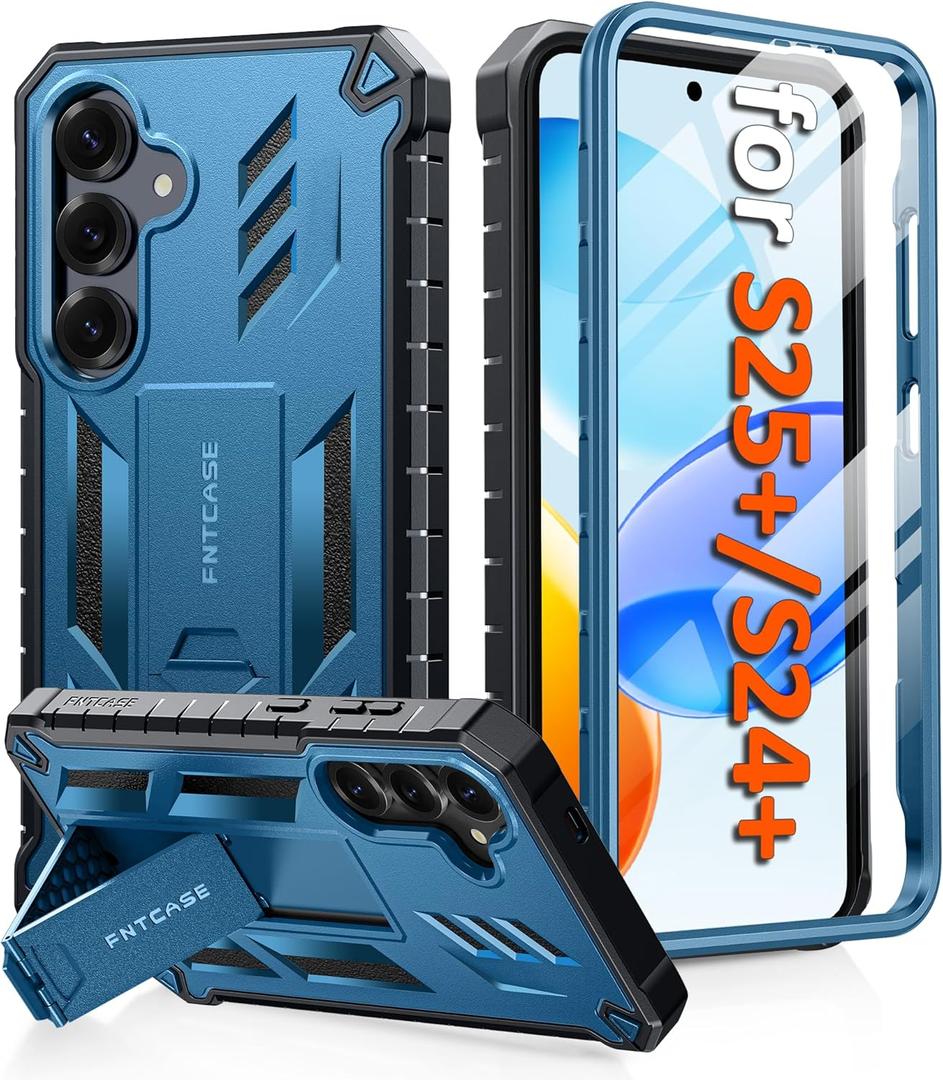 FNTCASE for Samsung Galaxy S25-Plus Case: for Galaxy S24-Plus Case with [Built-in Screen Protector & Kickstand] [Military-Grade Drop Protection] Heavy Duty Protective Full Body Shockproof TPU Blue