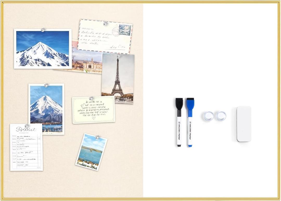 ARCOBIS Dry Erase Cork Board Combo, 24"X18" Whiteboard with Linen for Wall, Magnetic Dry Erase Bulletin Board, Vision Board for Home, Office, School, Off White