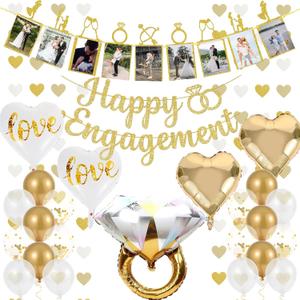 Engagement Party Decorations - Gold Engagement Congratulations Decor, HAPPY ENGAGEMENT Banner, Thickened ECO Ring Balloon Kit with Photo Timeline Banner, Heart Streamers Garlands
