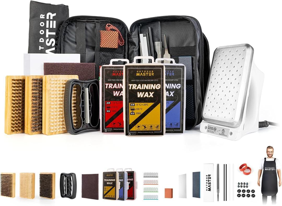 OutdoorMaster Ski Snowboard Tuning and Waxing Kit with Waxing Iron,Ski Wax,Edge Tuner,Brush,Wax Scraper,Ptex,Fixer Screw,Rubber Band (Upgrade)