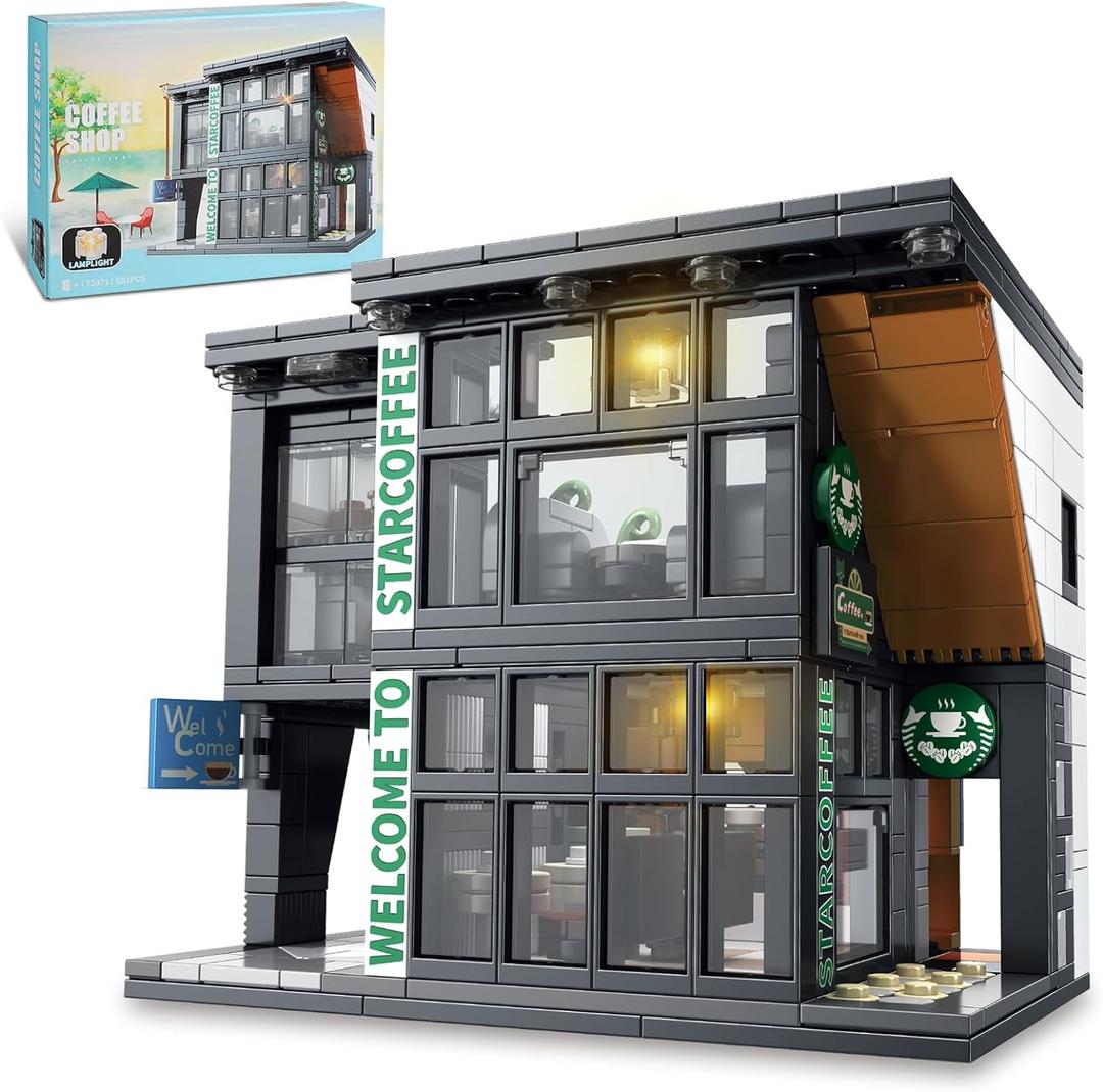 City Coffee House Architecture Building Blocks Set for Adults, Street View Modern Cafe Shop Building Construction Toy with Light, Christmas Birthday Gift for Kids Boys Girls 6-12 (581 PCS)