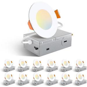 Amico 12 Pack 3 Inch 5CCT Ultra-Thin LED Recessed Ceiling Light with  5 Junction Box, 2700K/3000K/3500K/4000K/5000K Selectable, 7W Eqv 60W, Dimmable Canless Wafer Downlight, 500LM High Brightness -ETL