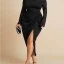 WDIRARA Women's Plus Size Off Shoulder Bodycon Dress Mesh Long Sleeve Ruched Split Midi Dresses (Black, XXXL)
