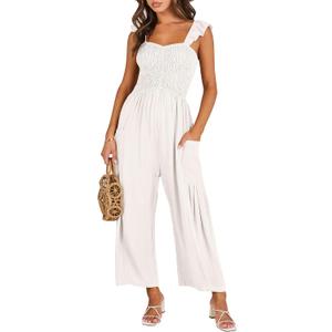 ANRABESS Women Summer Casual Dressy Sleeveless Smocked Wide Leg Linen Jumpsuits Rompers 2026 Trendy Travel Outfit Pocket (White)
