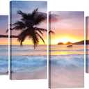Pyradecor Sunrise Beach Theme Canvas Prints Wall Art Ocean Sea Pictures Paintings for Living Room Bedroom Home Office Decorations Modern 4 Piece Stretched Seascape Artwork