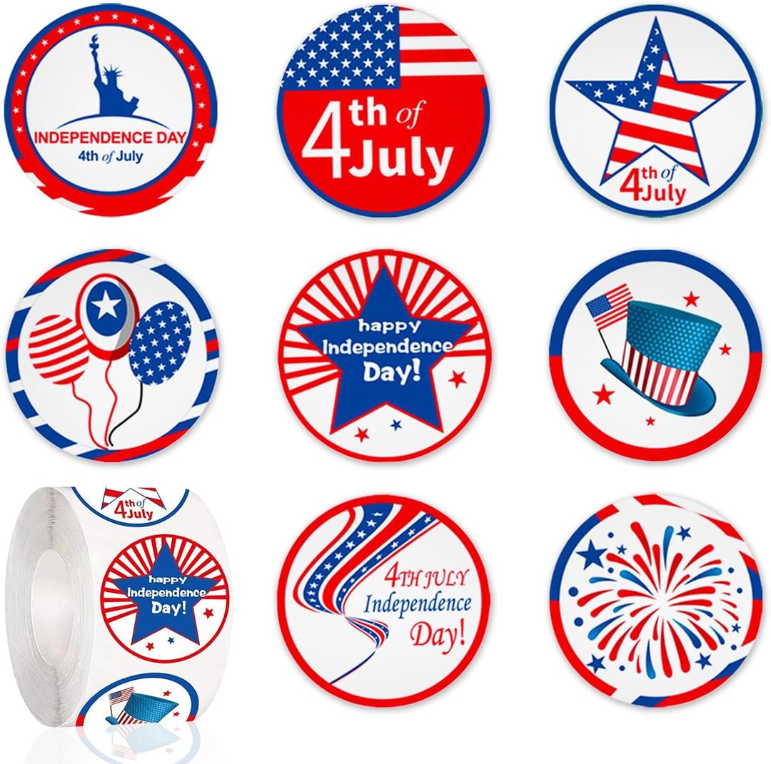 4 x 500 PCS Patriotic Stickers – 1.5" Diameter 8 Colors, 4th of July, Independence Day, Memorial Day, Decorations | Waterproof Self-Adhesive American Flag Stickers for Envelopes, Cards, & Party Decor​