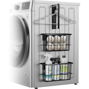 Laundry Room Organization and Storage Magnetic Dryer Ball Holder with Magnetic Hanger Holder, Magnetic Lint Bin for Washer Dryer, Iron Basket Dryer Ball Container, Magnetic Laundry Organizer (Black)