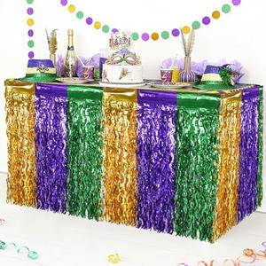 CCINEE 4 Packs Mardi Gras Fringe Table Skirt Party Decorations, 36ft Purple Green Gold Wavy Metallic Tinsel Foil Carnival Table Skirts For Mardi Gras Carnival Holiday Masquerade Party