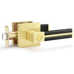 Gold Door Handle 1 Pcs, Privacy Door Levers with Black Leather Handle, Brass Interior Bedroom Bathroom Door Knob, Heavy Duty Privacy Bed/Bath Door Lockset, Reversible for Right/Left-Handed Door