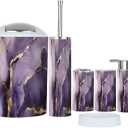 Bathroom Accessory Set 6 Piece Purple Marble Gold Stripes Alcohol Ink Luxury Violet Black Watercolor Toothbrush Holder, Toothbrush Cup, Soap Dispenser, Soap Dish, Toilet Brush Holder, Trash can