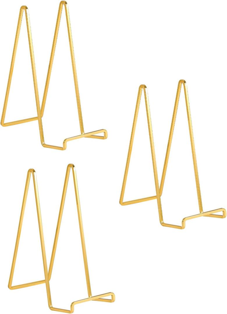 Large Plate Holder Display Stand - 10 inch Tall Plate Stands for Display - Metal Picture Frame Stand - Big Tabletop Easel Stand for Decorative Plates | Platter | Book | Plaque | Tile - 3 Pack - Gold