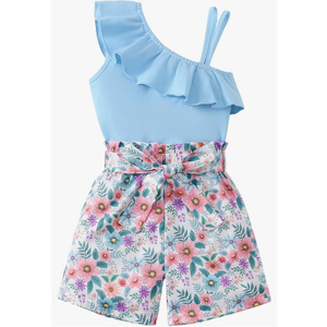 Kucnuzki Little Toddler Girl Clothes Off Shoulder Tank Top Ruffle Halter Shirt Floral Shorts 2 Piece Set Summer Outfits 2-3y