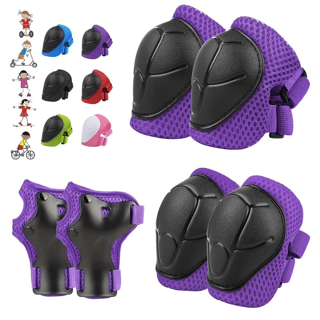 6PCS Kids Protective Gear Set, Knee Pads for Kids 3-10 Years Old, Toddler Elbow Pads, Wrist Guards, Skating Cycling Bike Rollerblading Scooter, Upgraded & Durable Material, Boys, Girls,Youth, Purple