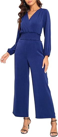YUNDAI Womens Jumpsuit Fall Long Sleeve V Neck Casual Loose One Piece Outfits Wrap Waist Pants Long Romper with Pockets, M