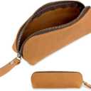 Genuine Leather Pencil Case, Leather Pencil Pouch Large Capacity, Big Pencil Pouch with Zipper Vintage Pen Bag Fountain Pen Holder for Men Women Businessmen Artists Home Office(Brown)