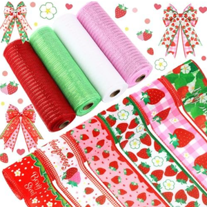 10 Pcs Summer Strawberry Ribbons 6 Rolls 2.5" x 5 Yards Strawberry Wired Edge Fabric Ribbons and 4 Rolls 10" x 10 Yards Mesh Crafts for Wreath Craft Gift Wrapping DIY Craft Home Decoration