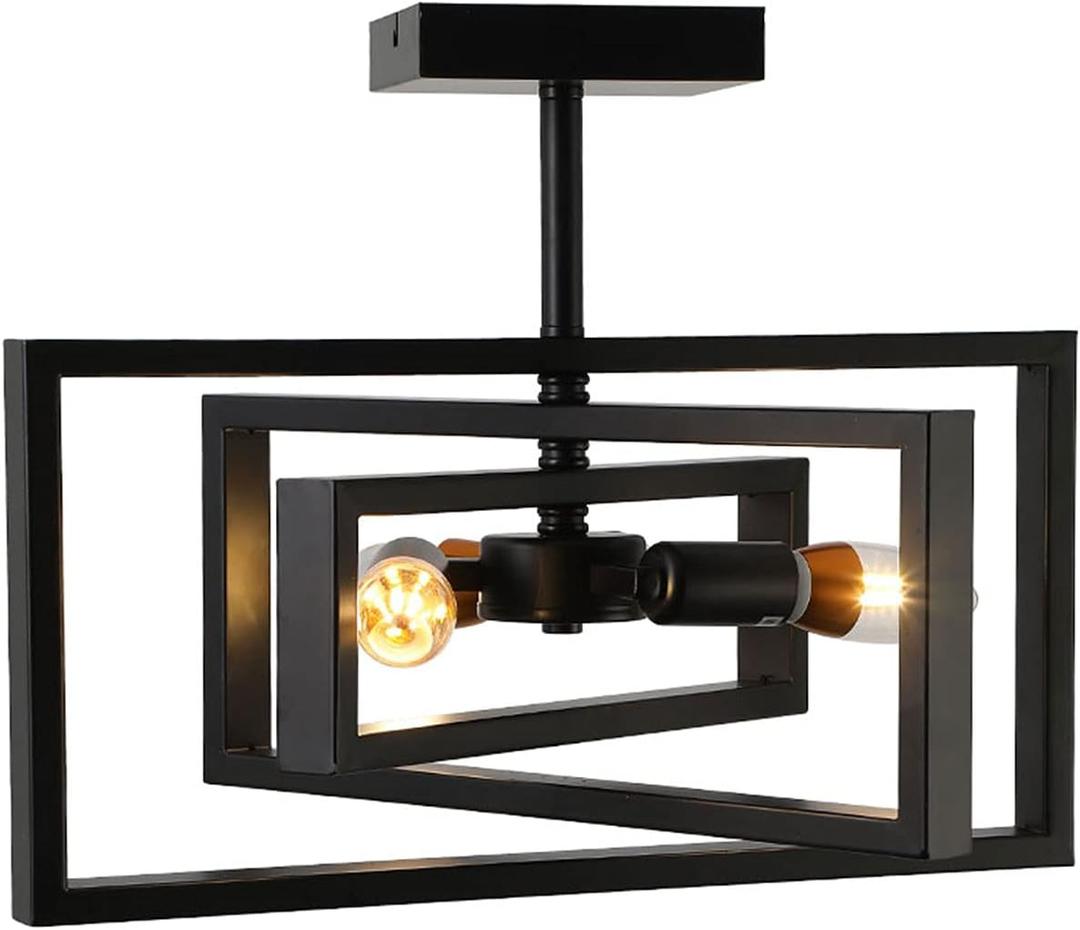 3-Lights Rotatable Ceiling Light, Rustic Vintage Farmhouse Chandelier Lighting Semi Flush Mount Rectangle Metal Pendant Light with Adjustable Frame, for Kitchen, Living Room, Dining Room, Bedroom