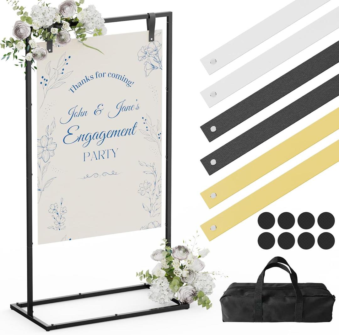 Wedding Sign Stand, Adjustable Wedding Welcome Sign Stand with Carry Bag, Leather Hanging Straps, 8 Floor Pads - Black Easel Stand for Seating Charts & Wedding Decor