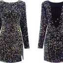 R.Vivimos Women's Sequin Bodycon Dress Fall Winter Velvet Warm Long Sleeve Crew Neck Sexy Backless Glitter Slit Mini Dress Size, XL