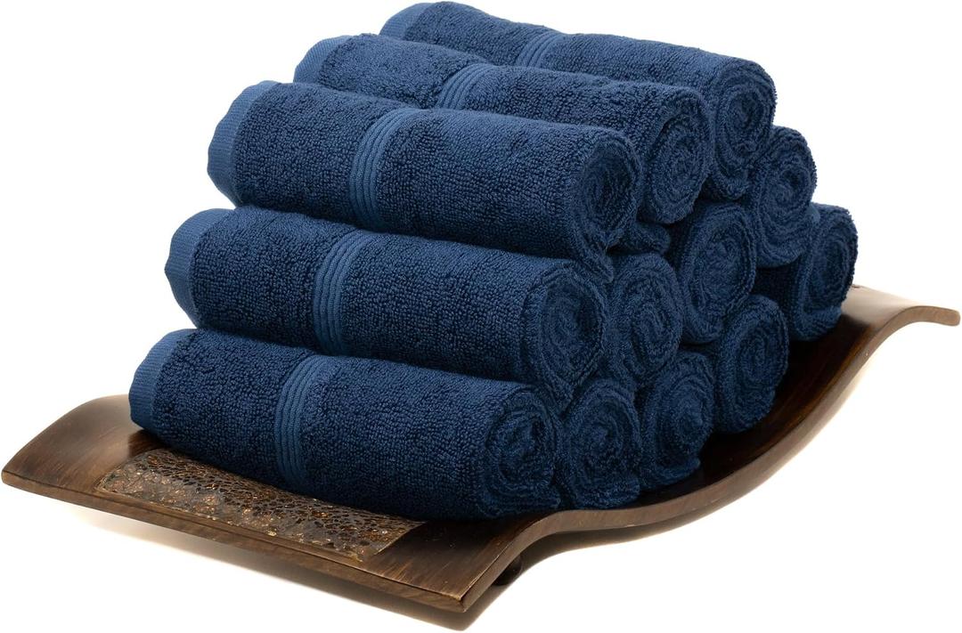 Luxury Turkish Washcloths, 12 Pack, 13 x 13 in, 700 GSM, Navy Blue | 12 washcloth face towels, 13 x 13 in, 700 GSM bamboo-viscose and Turkish cotton blend, plush, absorbent and woven in Turkey