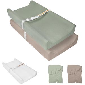 JVEOO Muslin Baby Changing Pad, 2 Pack Muslin Soft Cotton Covers & Waterproof Lining Foam Diaper Changing Table Pad 32" x 16.6" Mat for Dressers & Table (Khaki+Sage Green)