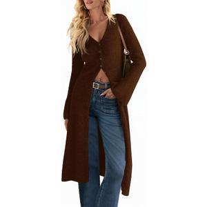 Saodimallsu Womens Long Cardigan Sweaters Oversized Bell Sleeve Open Front Button Down Casual Knit Fall Midi Dress (X-Large, Coffee)
