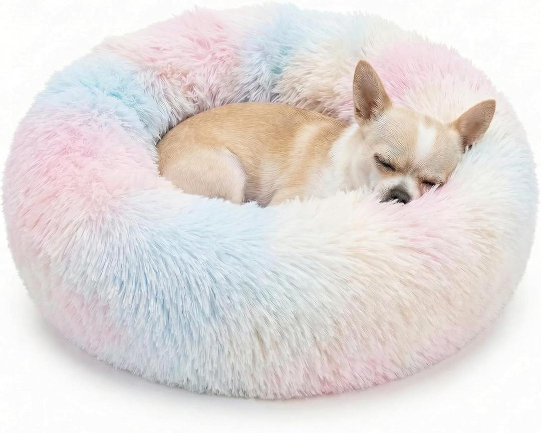 Tiny Dog Bed 15 Inch for Extra Small Dogs,Washable Puppy Bed,Soft Faux Fur Calming Donut Bed for Chihuahua Yorkie Maltese Pomeranian,Rainbow