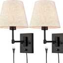SAMTEEN Swing Arm Wall Sconces Set of Two Modern Black Sconce Light Plug in Wall Sconce with Shade, Black Swing Arm Wall Lamp with Plug in Cord for Bedroom Foyer Living Room