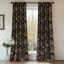 RYB HOME Brown Velvet Curtains 96 inches Long, Printed Floral Bird Vintage Design Home Decoration Thermal Insulated Room Darkening Drapes for Bedroom Living Room, W50 x L96 inches, 2 Panels