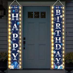 Breling Happy Birthday Banner with Lights 71 x 12 Inch LED Happy Birthday Decoration Door Banner Party Porch Sign Outdoor Indoor Hanging Supplies for Women Men(Blue Silver)