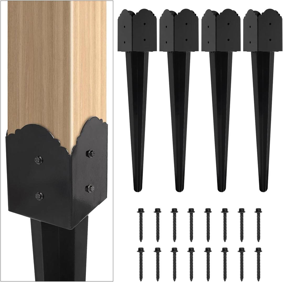 Fence Post Anchor 4''x4'', Heavy Duty Metal Fence Post Anchor Ground Spike 24''x4''x4'' for Mailbox, Bird Feeder, Decking, Banner, ... with The Black Powder Coating Cover on The Surface (Set 4)