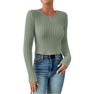 Women's Ribbed Knit Long Sleeve Crop Tops Crewneck Slim Fit Casual Tee Shirts Mint Green Small