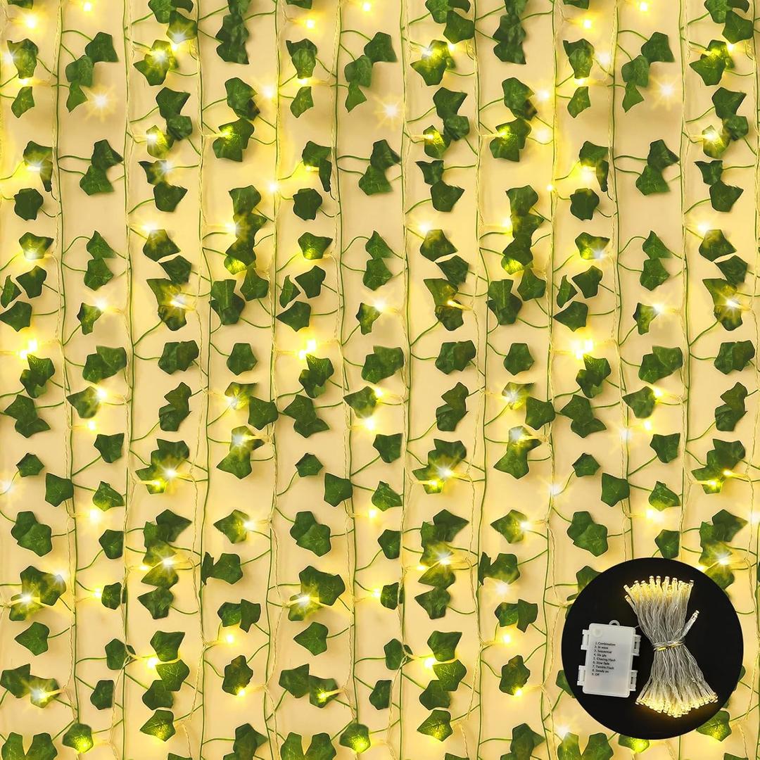 CEWOR 168Ft 24 Pack Ivy Garland Artificial Ivy Vines with Lights, Fake Leaves with 200 LED String Lights, Hanging Plants Greenery Decoration for Bedroom Wall Garden Wedding Party