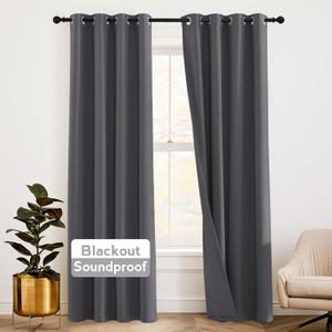 RYB HOME Thermal Curtains Soundproof - 3-in-1 Drapes Noise Barrier - Blackout - Thermal Insulated Curtains for Bedroom Room Divider High Ceiling Window Decor, 52 x 95 inch Long, Grey, 2 Pcs
