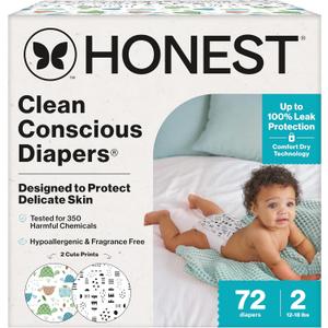 The Honest Company Clean Conscious Diapers for Delicate Skin | Up to 100% Leakproof | Hypoallergenic, Fragrance Free | Gender Neutral | Club Box, Size 2 (12-18 lbs), 72 Count (Prints May Vary) (Turtle Time + Pattern Play)