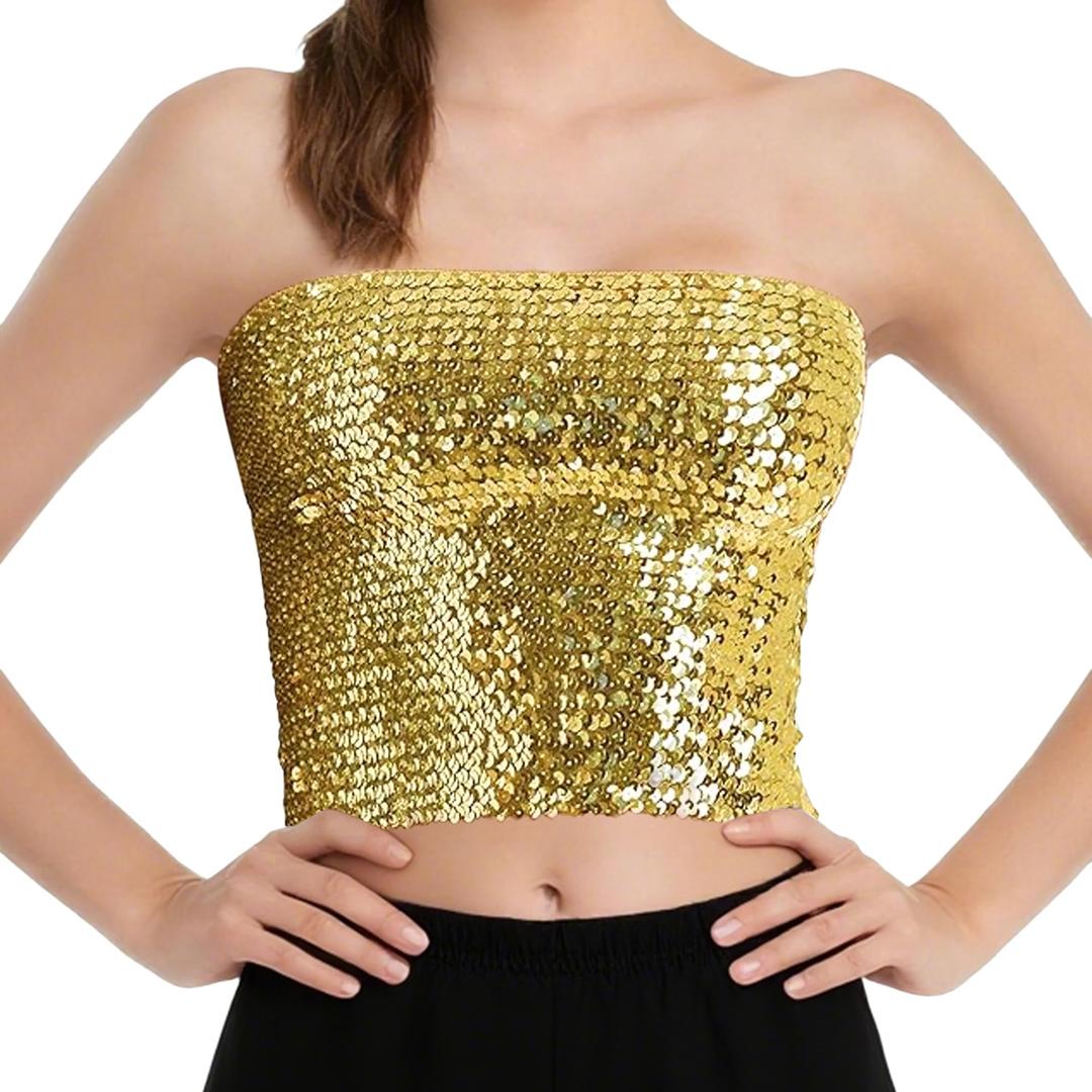 Womens Sparkly Sequin Mermaid Crop Tops, Strapless Metallic Tube Tops for Party Clubwear,Large-X-Large, Gold