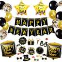 KatchOn, New Years Eve Party Supplies 2026 - Huge, Set of 76 | Black and Gold Happy New Year Banner, 2026 Balloon Numbers | New Year Foil Balloons, New Years Photo Booth Props | NYE Decorations 2026