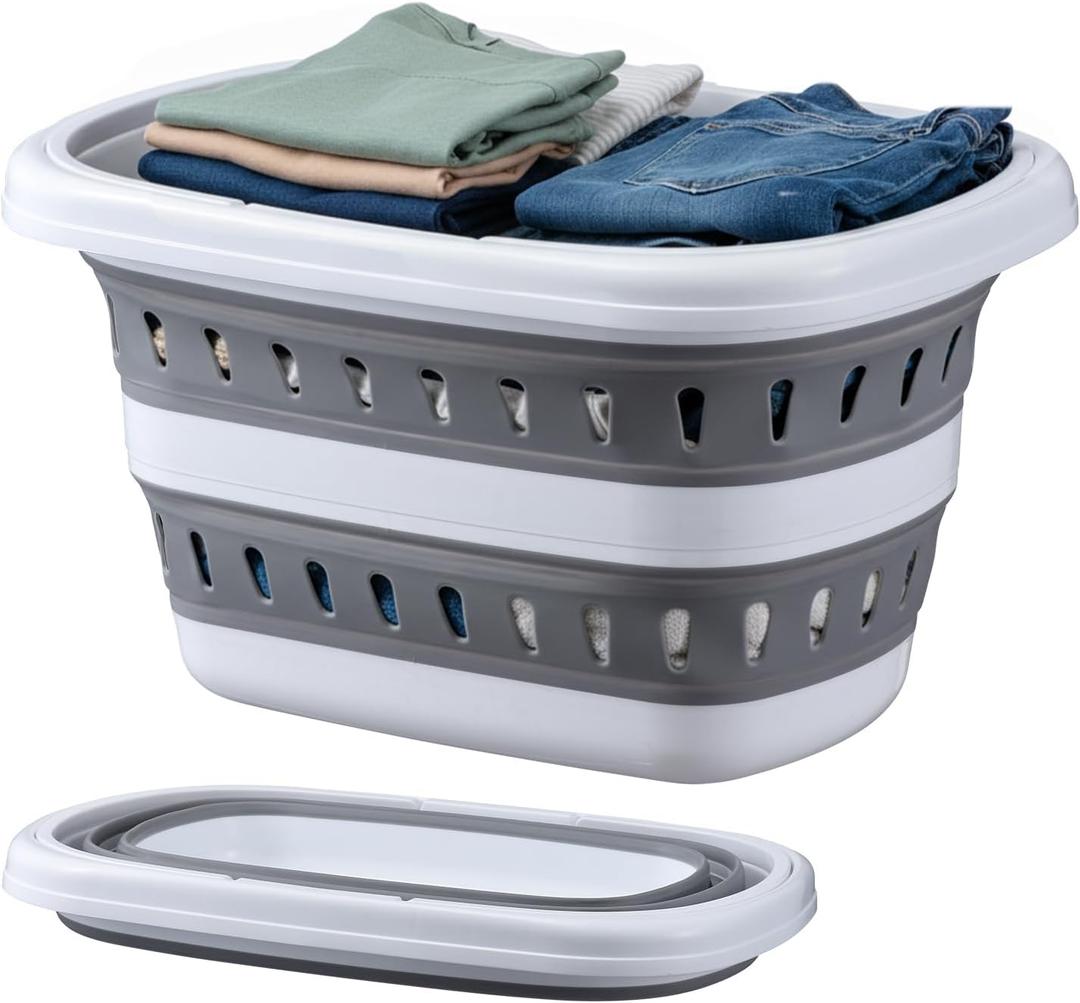Monozuki Collapsible Plastic Laundry Basket 10.6 gallon(40L) Eco-recycled material- Foldable Pop Up Storage Container/Organizer - Space Saving Hamper/Basket BPA Free, Grey-10.6 gallon