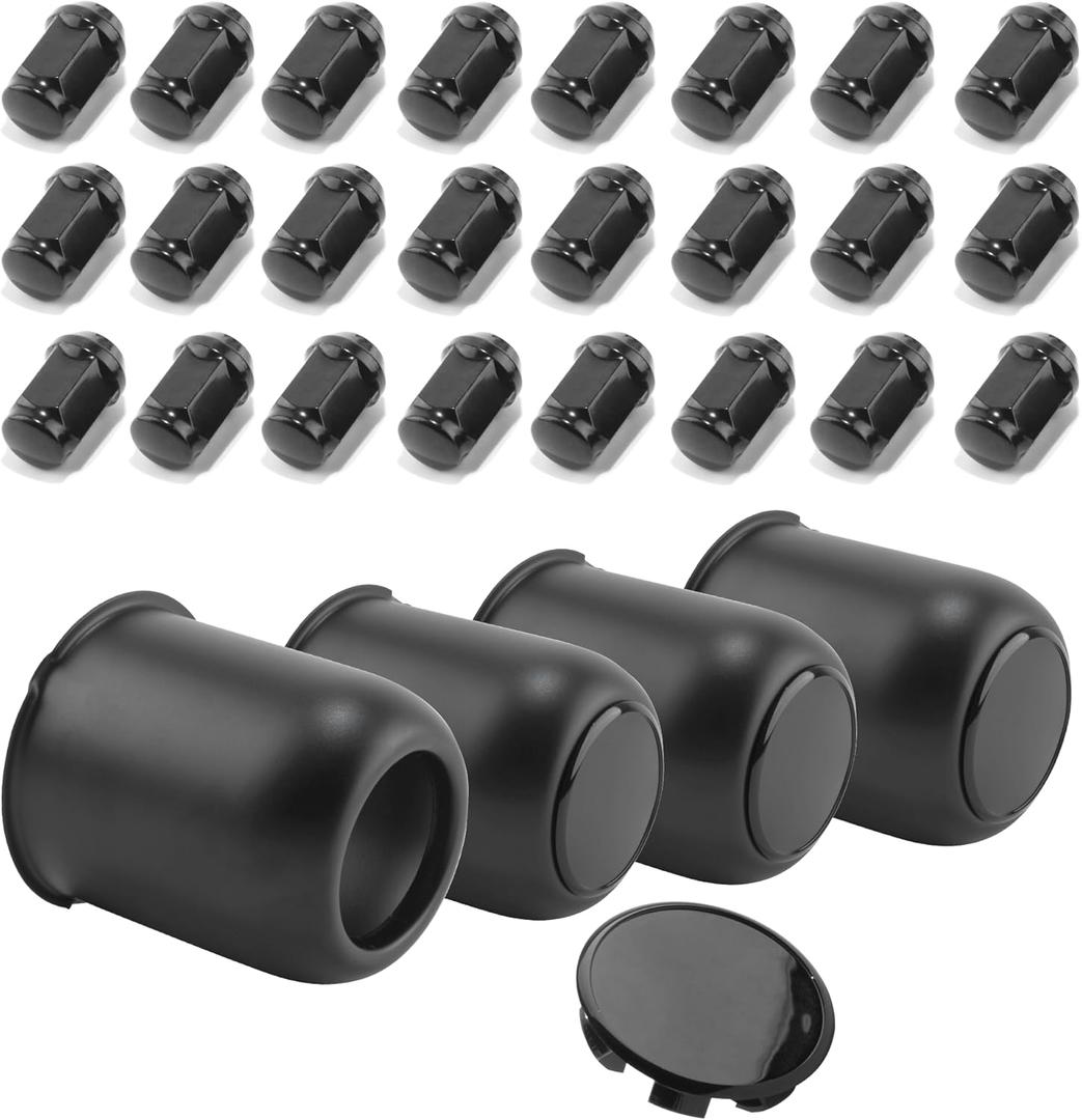 4-Pack Trailer Push Through Center Caps and Trailer Wheel Lug Sets - 3.19in Wheel Center Caps Matte Black Wheel Cover Stainless Steel Hub Cap with 24 Black Capped 1/2-20 Lug Nuts for Truck RV