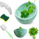 Frstem 2pcs Pottery Herb Stripper (Green Bowl+Herb Stripper),Handmade Ceramic Herb Stripper with Different Sizes of Round Holes,Kitchenware for Efficient Leaf Stripping