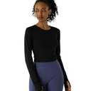 Women's Long-Sleeve Crop Top - Open Back Tie, Thumbholes Moisture-Wicking Quick-Dry for Yoga, Fitness & Workout Black,  XS